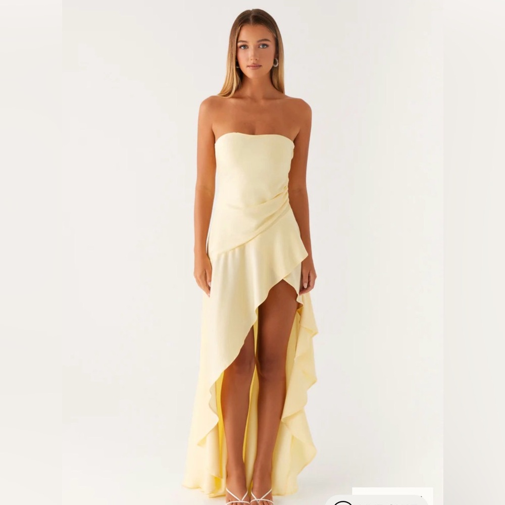 Peppermayo Strapless Lemon High-Low Ruffle Gown